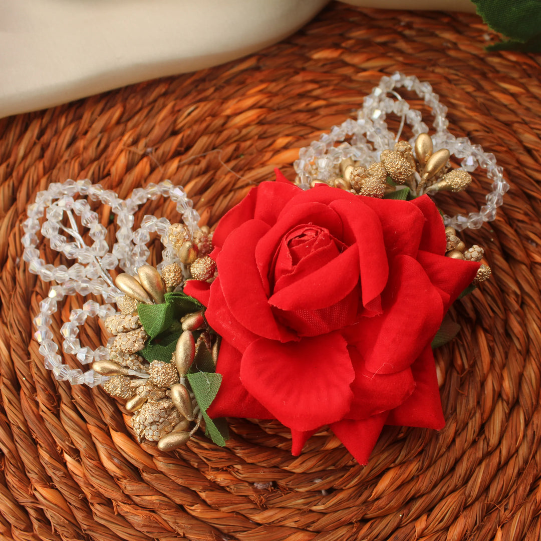 Bold Red Rose Bun Accessory with Crystal Loops - Sparkle and Glow