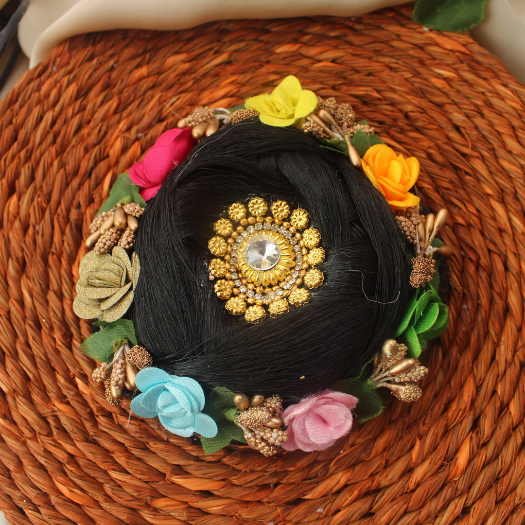 Multicolor Floral Artificial Bun Gajra with Stone Brooch Center - Sparkle and Glow