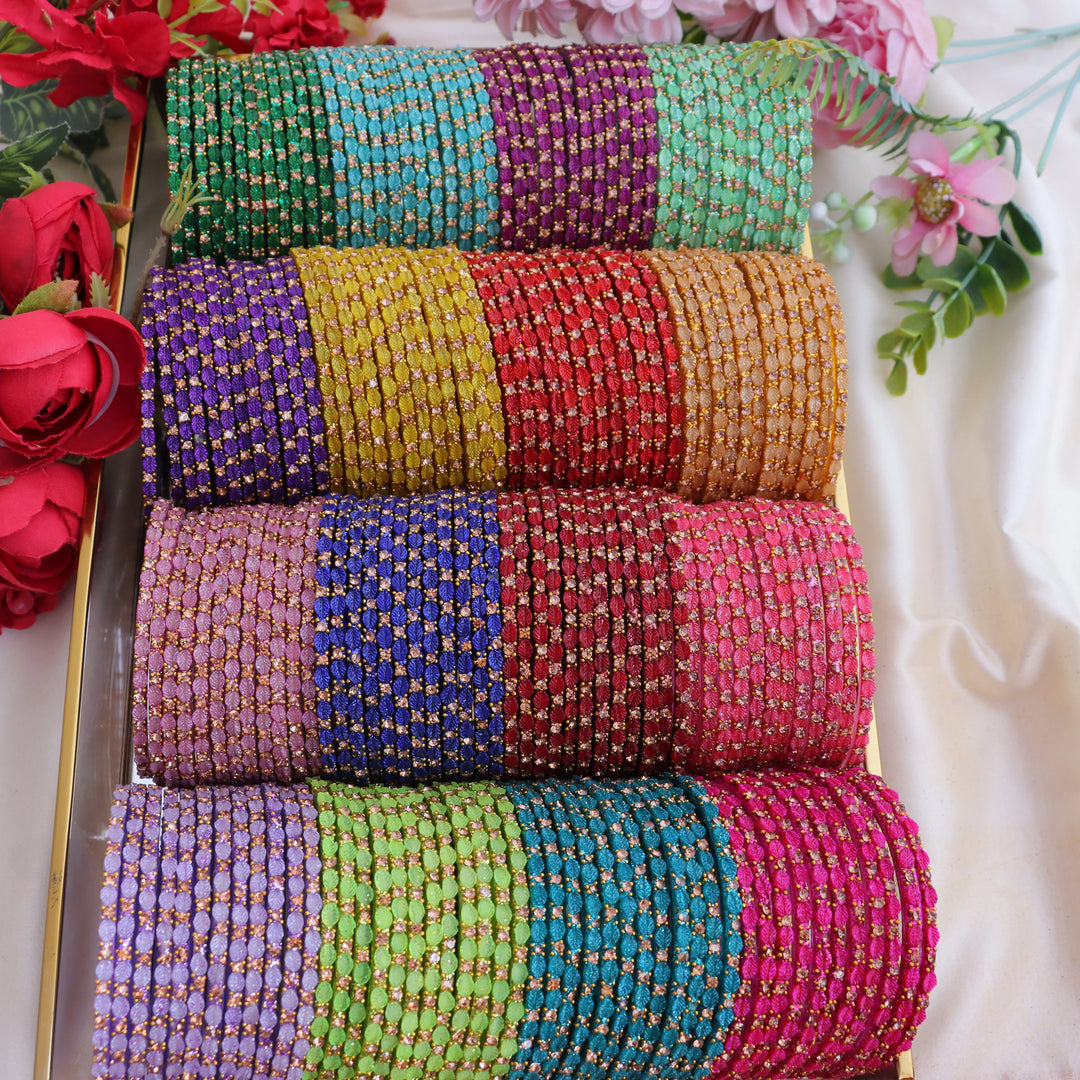Elegant Leaf-Patterned Stone Glass Bangles Set - Sparkle and Glow