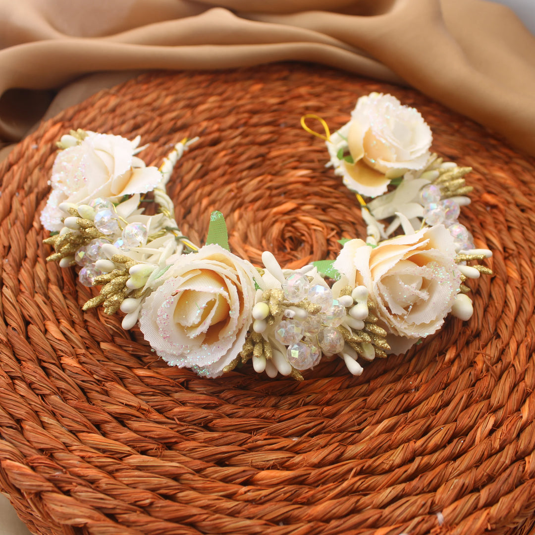 Cream Rose Artificial Hair Veni with Glitter & Beads - Sparkle and Glow