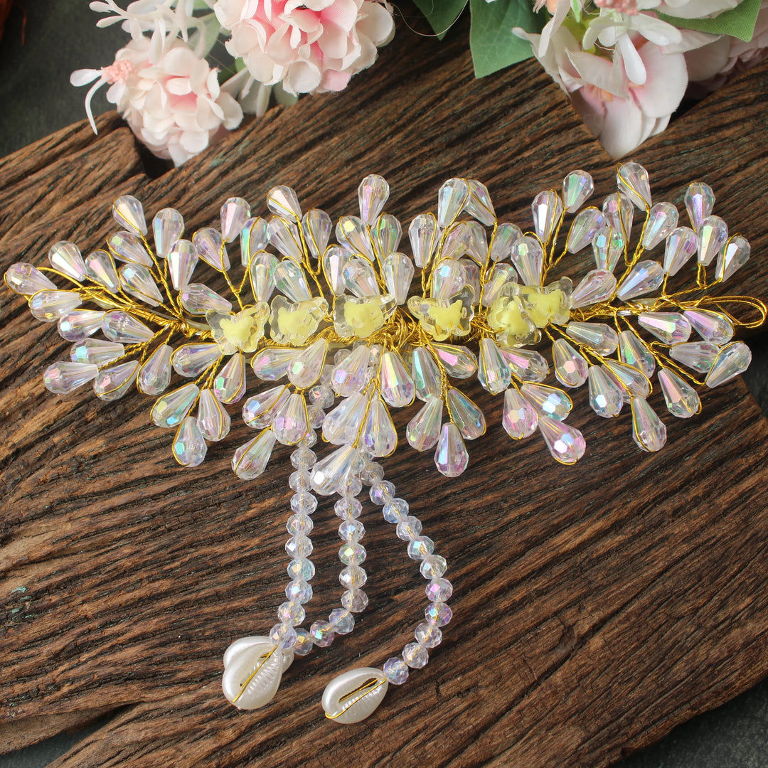 Yellow Floral & Crystal Beaded Hair Veni with Cowrie Shell Drops - Sparkle and Glow