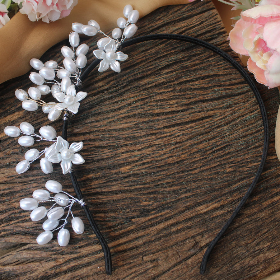 White Floral Pearl Headband – Handmade Hair Accessory - Sparkle and Glow