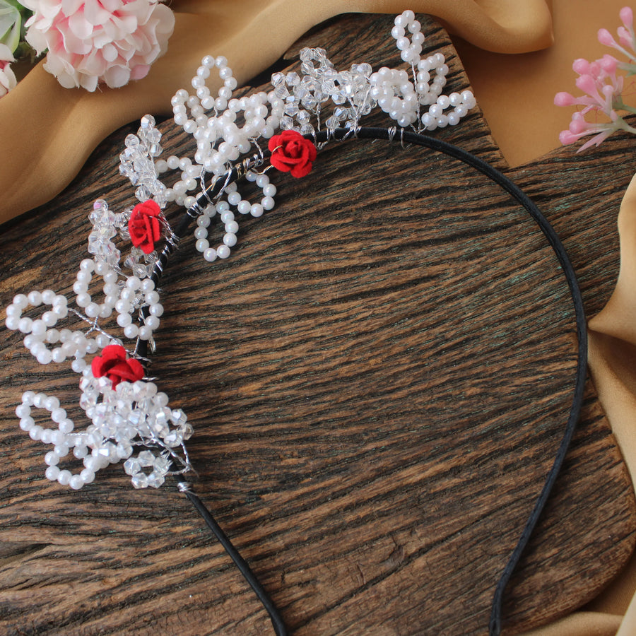Red Rose & Pearl Beaded Floral Hairband - Sparkle and Glow