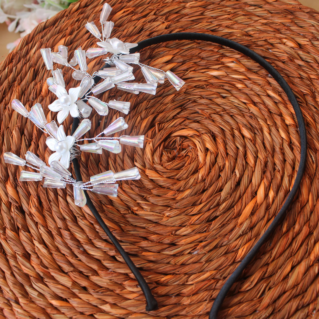 White Crystal Blossom Beaded Hairband - Sparkle and Glow