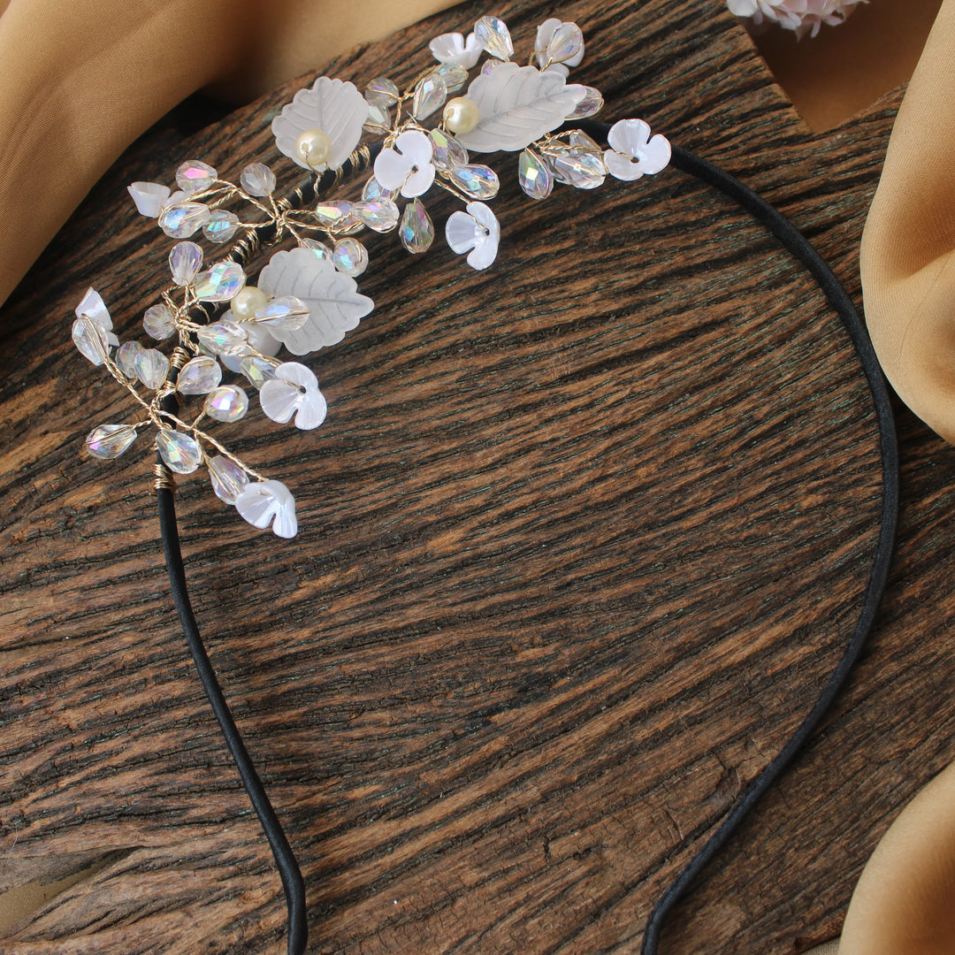 White Leaf & Crystal Floral Hairband - Sparkle and Glow
