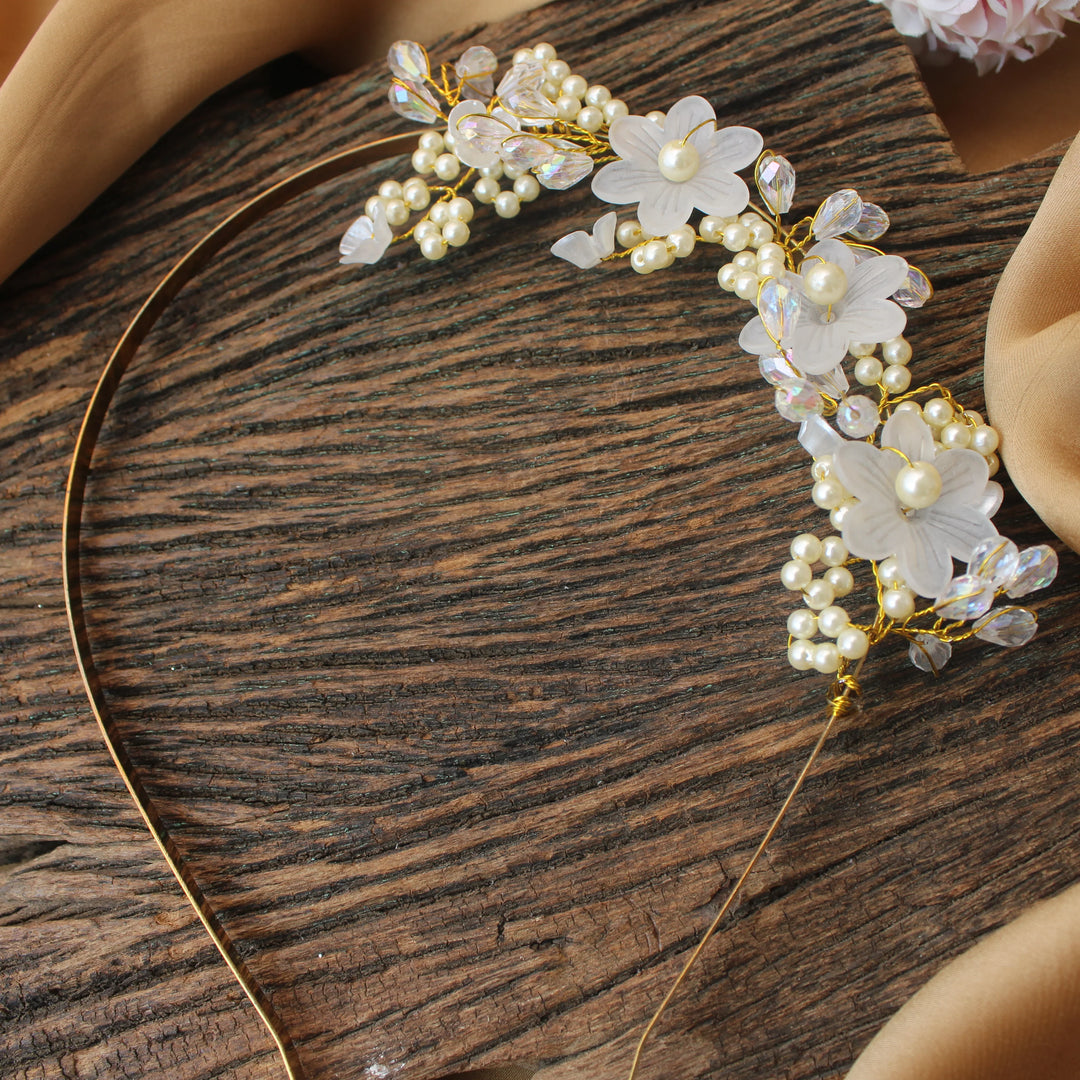 Golden Pearl & Crystal Floral Hairband - Sparkle and Glow