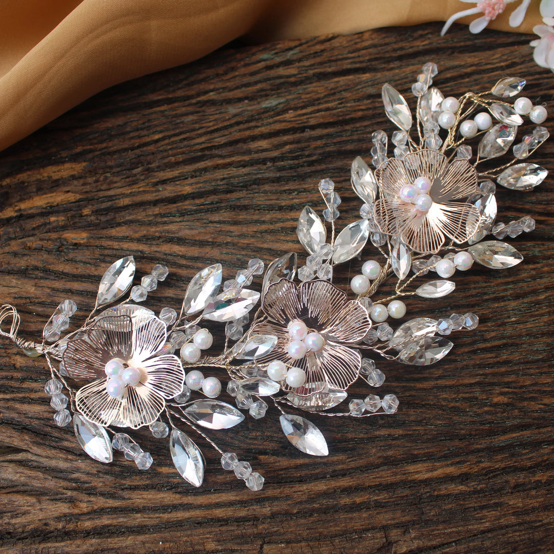 Rose Gold Floral Crystal Hair Gajra – Pearl & Bead Embellished - Sparkle and Glow