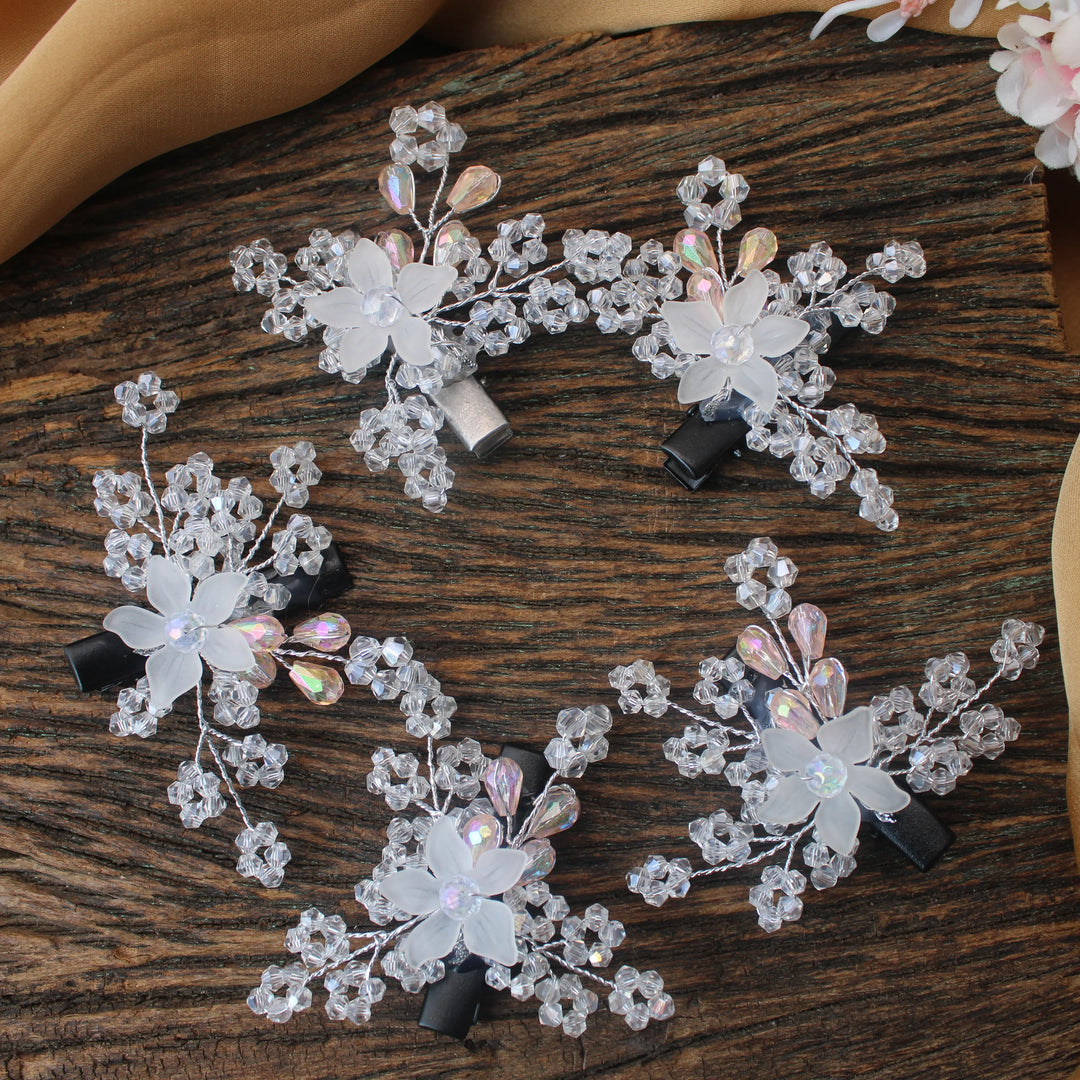 White Floral Crystal Hair Gajra Clips – Set of 5 - Sparkle and Glow