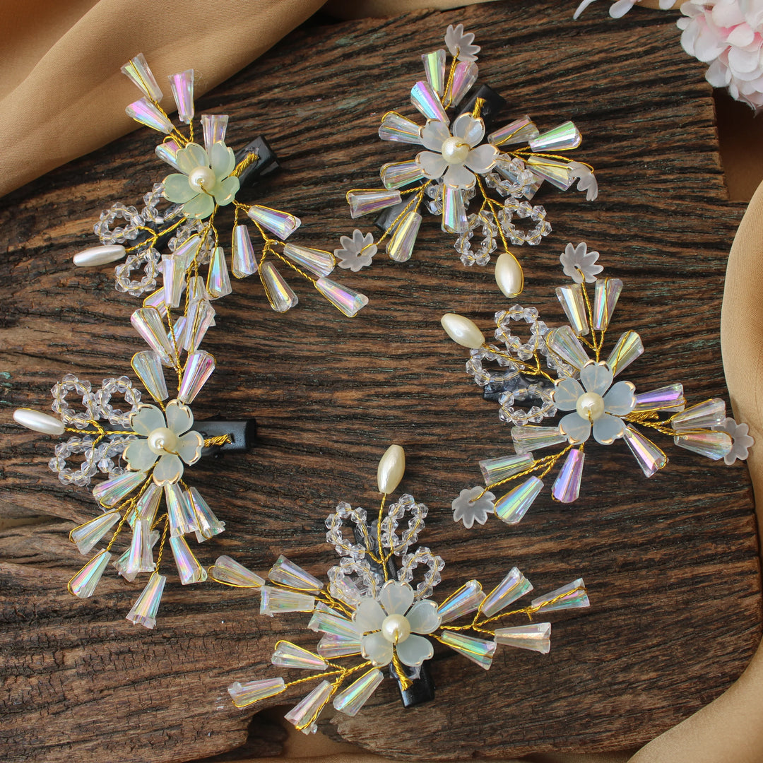 Floral Pearl Crystal Hair Clips – Set of 5 Decorative Hair Accessories - Sparkle and Glow