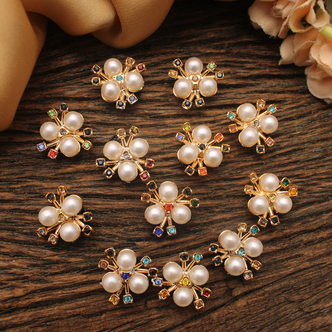 Multicolor Stone & Pearl Floral Embellishments – Set of 12 - Sparkle and Glow