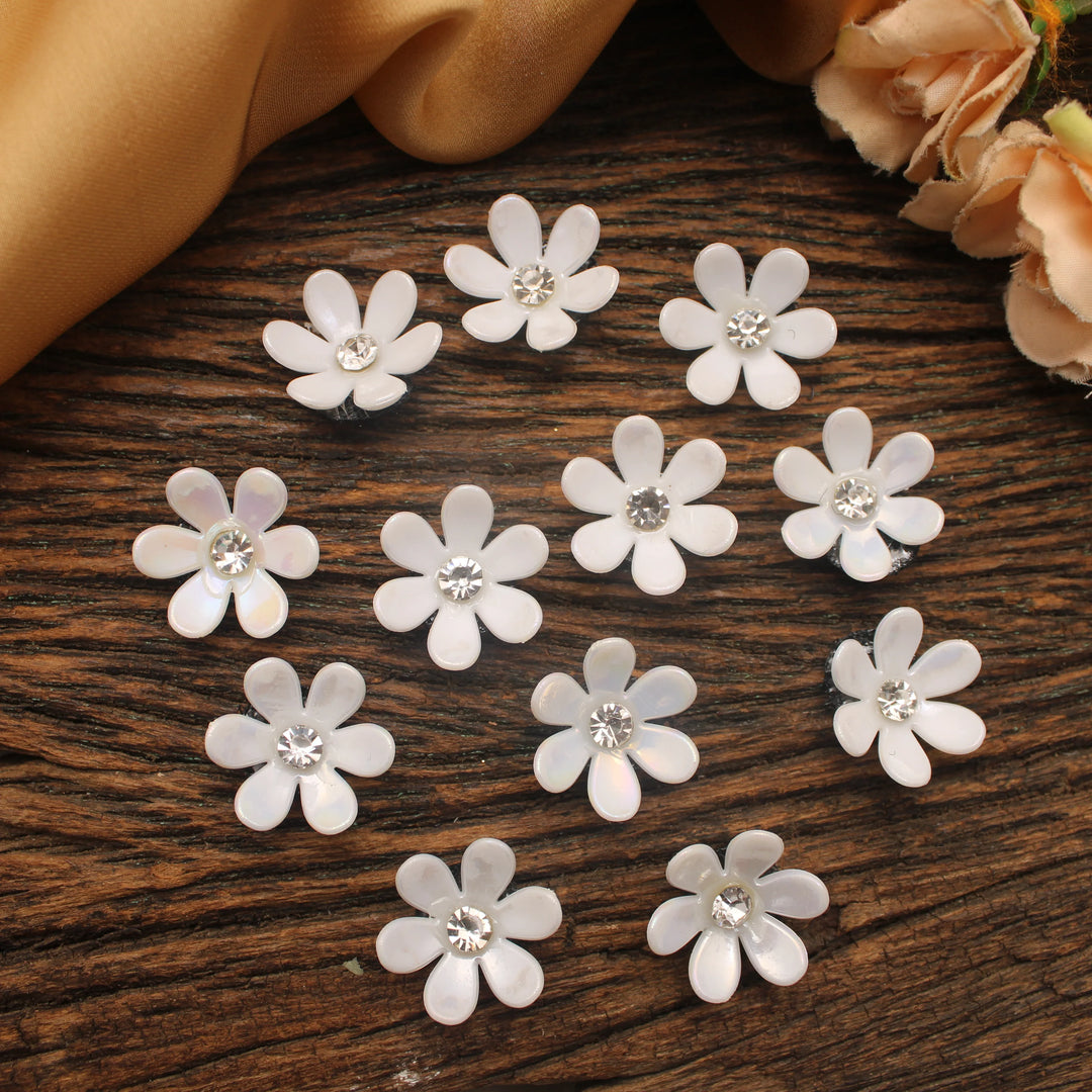 White Acrylic Daisy Embellishments with Rhinestone Center – Set of 12 - Sparkle and Glow