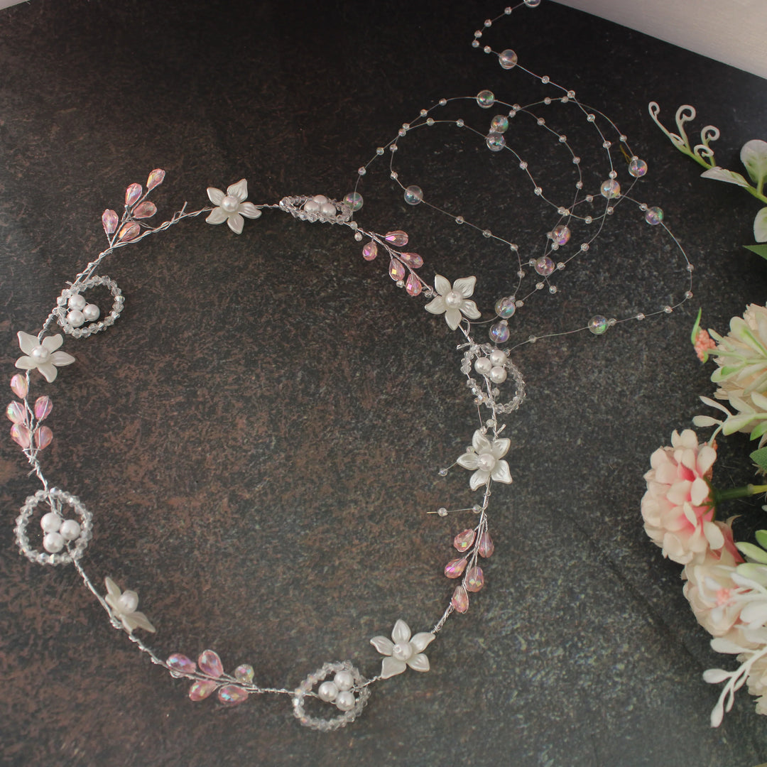 Pearl & Crystal Floral Hair Veni – Pink & White - Sparkle and Glow