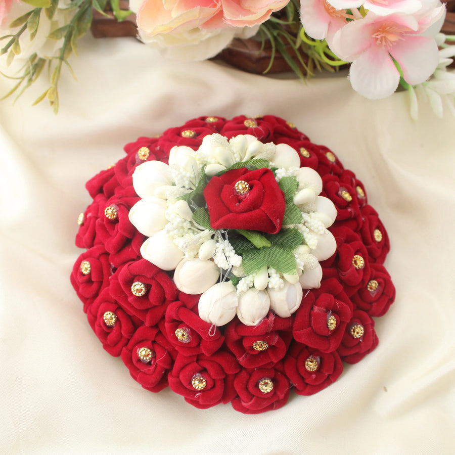 Red and White Artificial Rose Gajra for Bun – Floral Hair Accessory - Sparkle and Glow