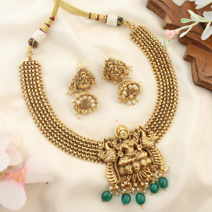 Gold Beaded Lakshmi Peacock Short Necklace
