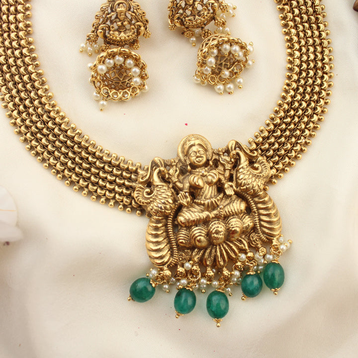 Gold Beaded Lakshmi Peacock Short Necklace