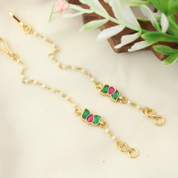 Traditional Pearl Beaded Ear Chains with Kundan Floral Motif