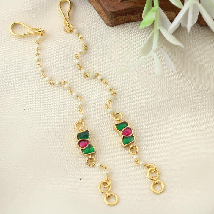 Traditional Pearl Beaded Ear Chains with Kundan Floral Motif