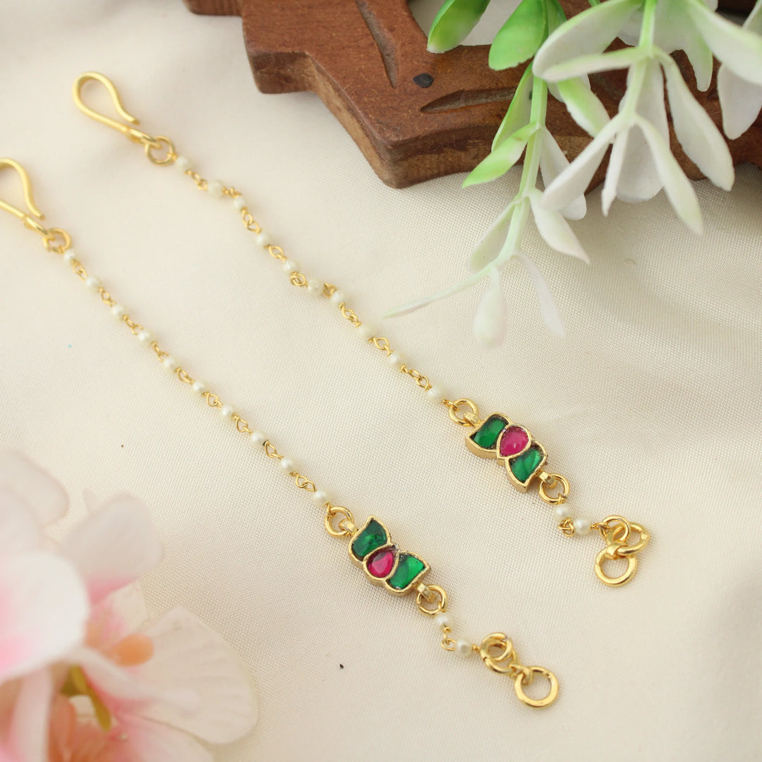 Traditional Pearl Beaded Ear Chains with Kundan Floral Motif