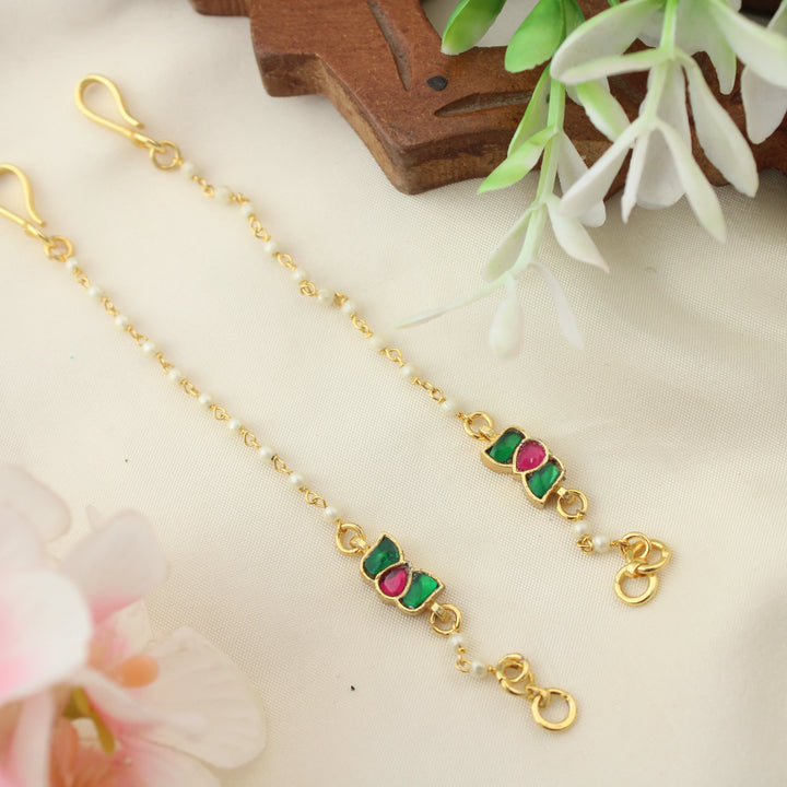 Traditional Pearl Beaded Ear Chains with Kundan Floral Motif