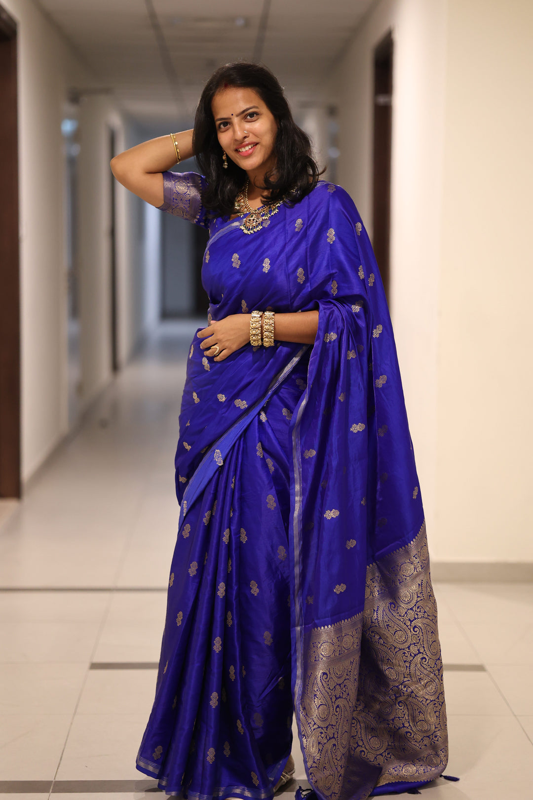 Premium Katan Silk Saree with Golden Zari Buttas