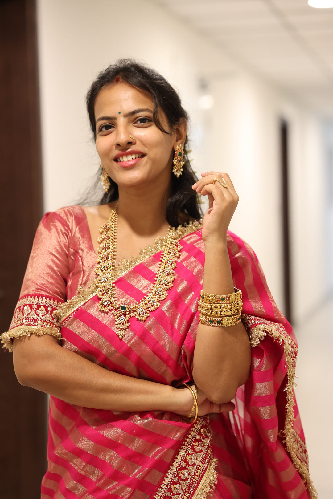 Premium Pink Banarasi Silk Saree, Embroidered Border