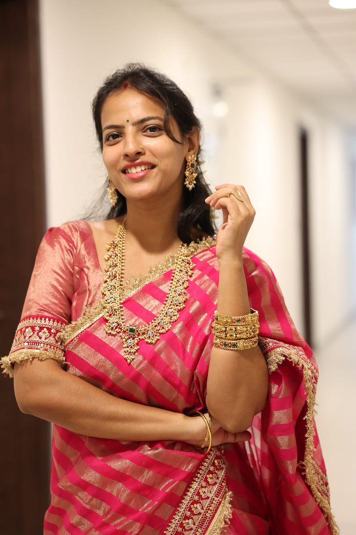 Premium Pink Banarasi Silk Saree, Embroidered Border