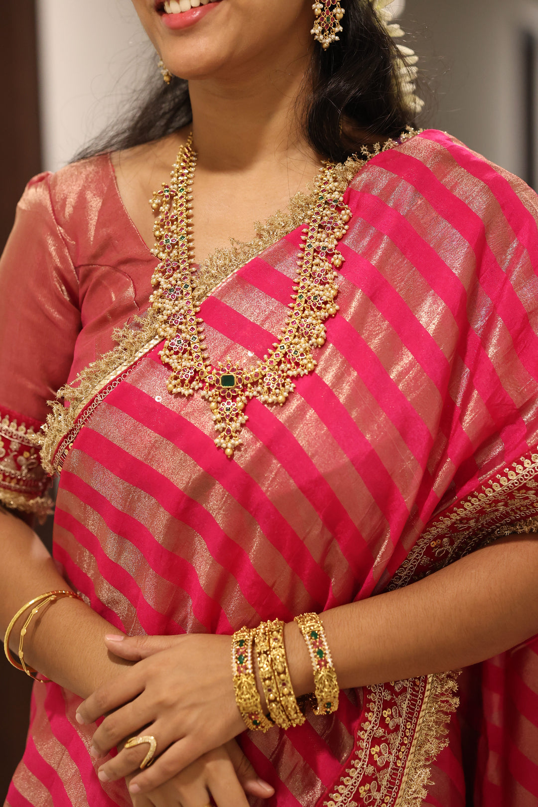 Premium Pink Banarasi Silk Saree, Embroidered Border