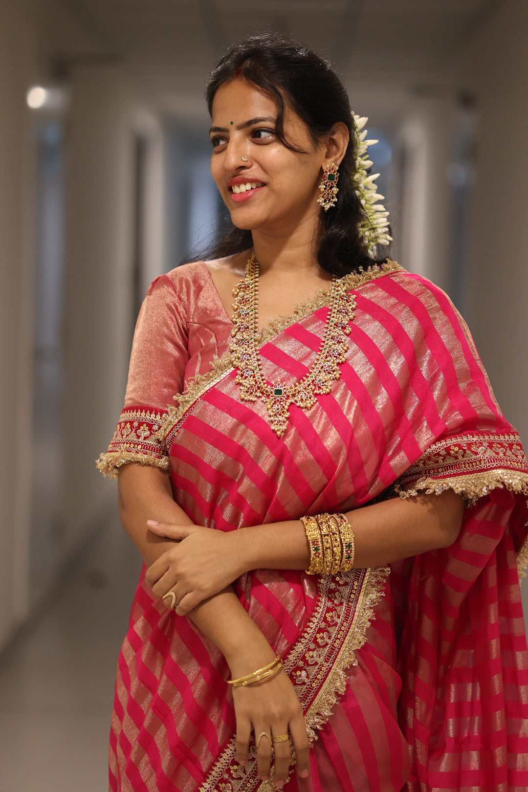 Premium Pink Banarasi Silk Saree, Embroidered Border