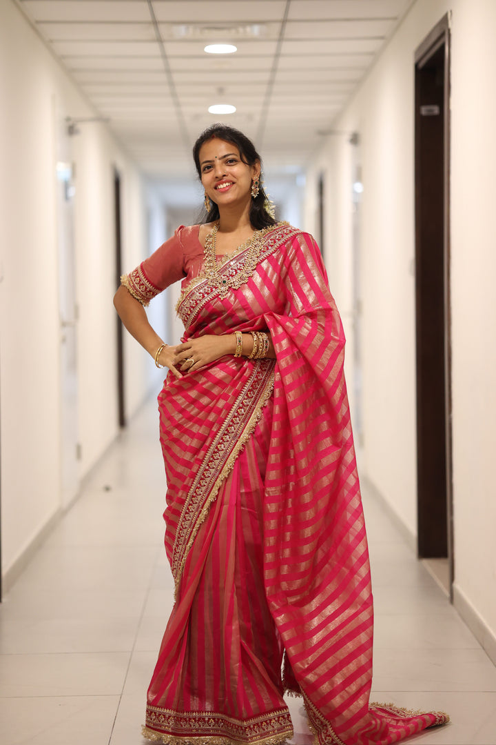Premium Pink Banarasi Silk Saree, Embroidered Border