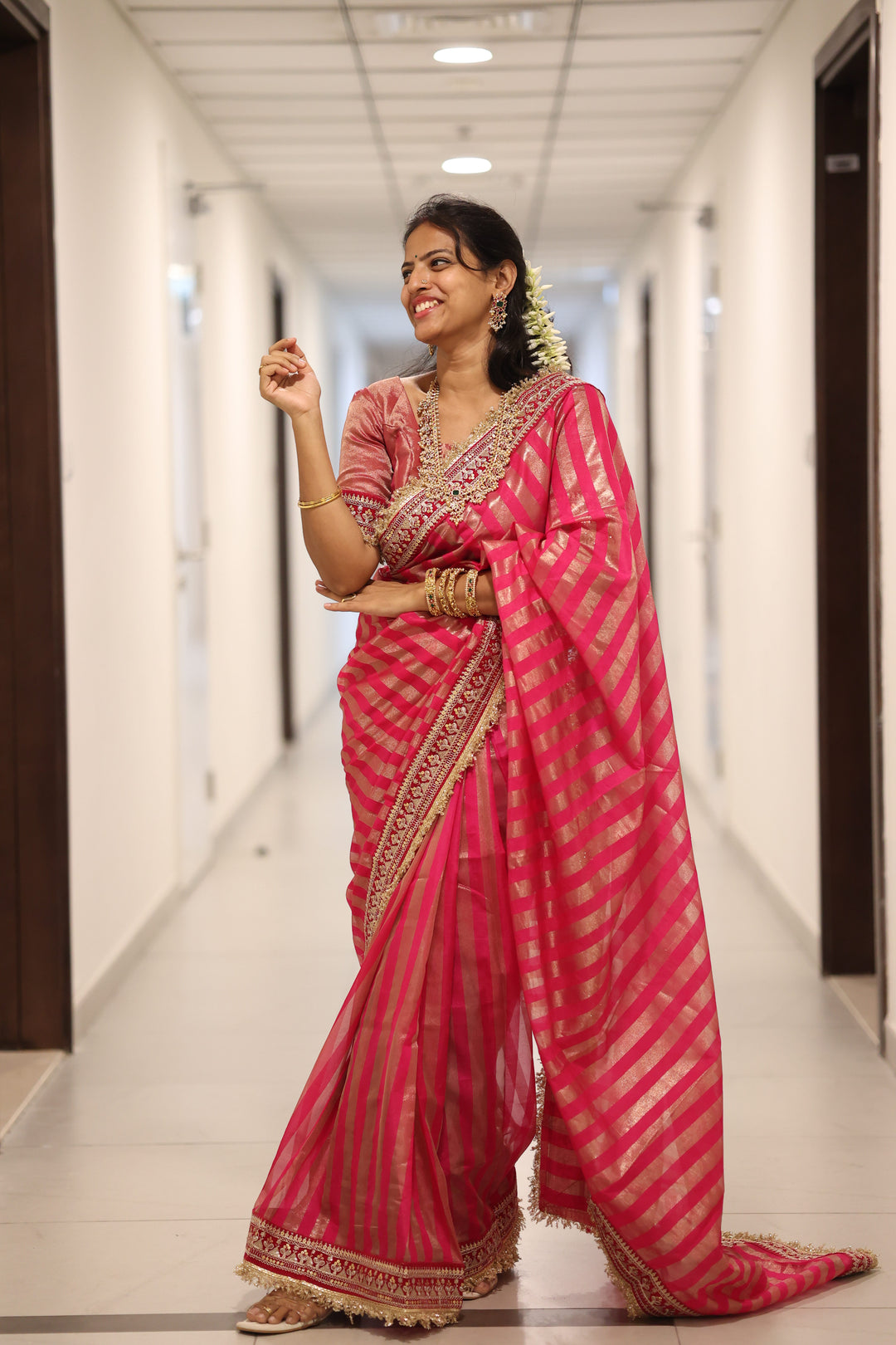 Premium Pink Banarasi Silk Saree, Embroidered Border