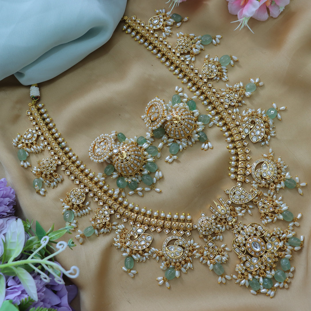Peacock Floral Mango Carved Rani Haram with Pearls