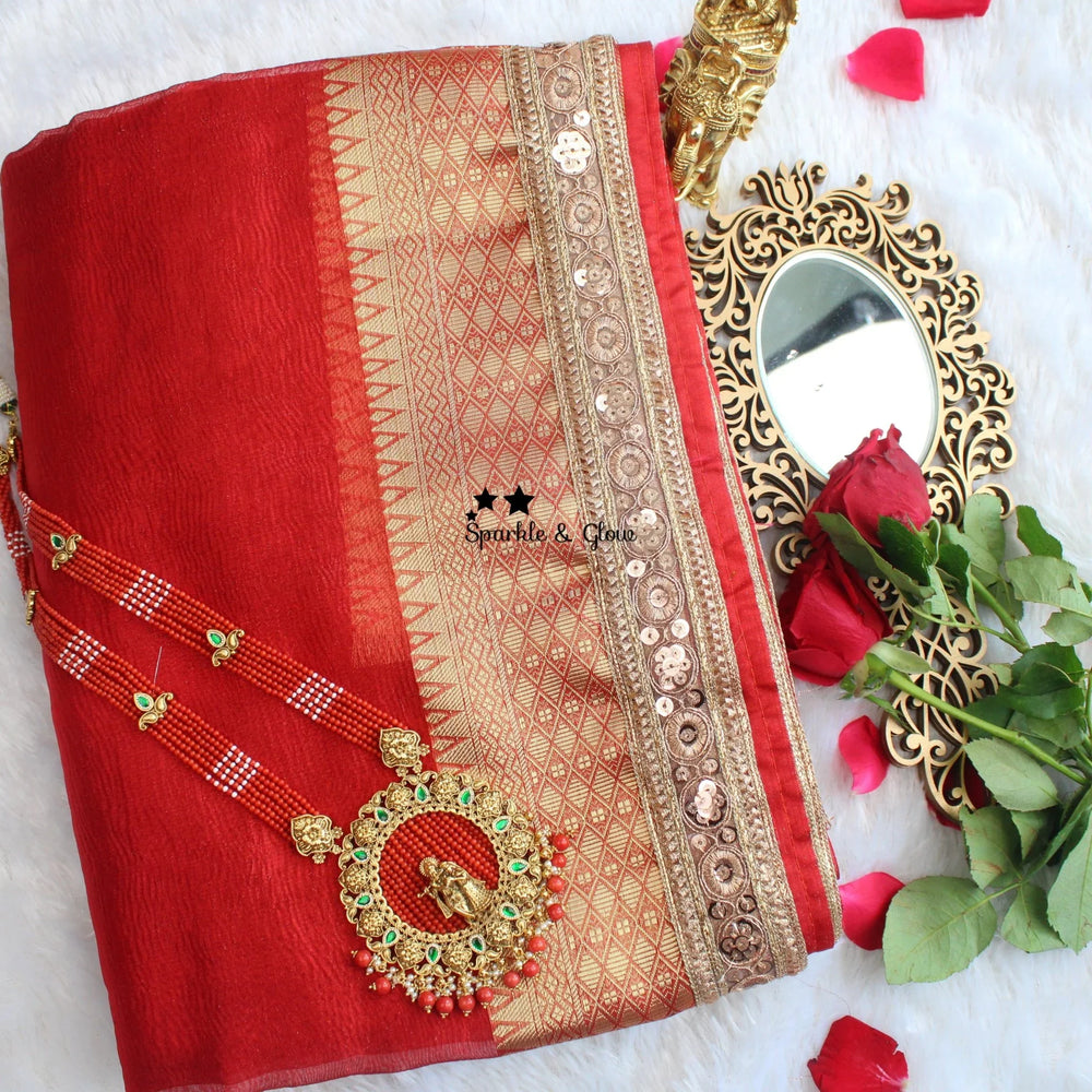 Stunning Red and Gold Banarasi Silk saree with blouse piece - Sparkle and Glow