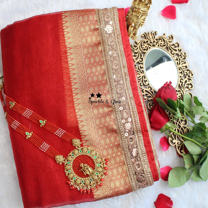 Stunning Red and Gold Banarasi Silk saree with blouse piece - Sparkle and Glow