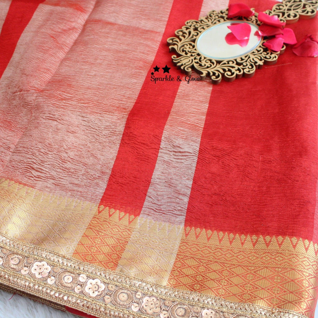 Stunning Red and Gold Banarasi Silk saree with blouse piece - Sparkle and Glow