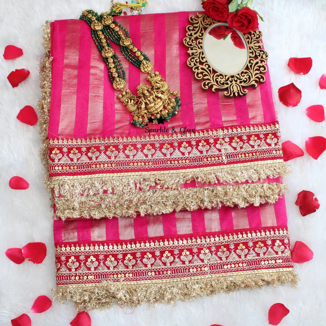 Beautiful Premium pink Banarasi Silk saree with embroidered border - Sparkle and Glow