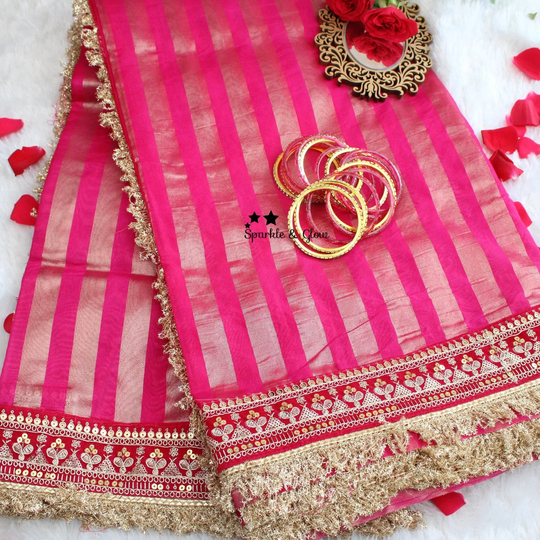 Beautiful Premium pink Banarasi Silk saree with embroidered border - Sparkle and Glow