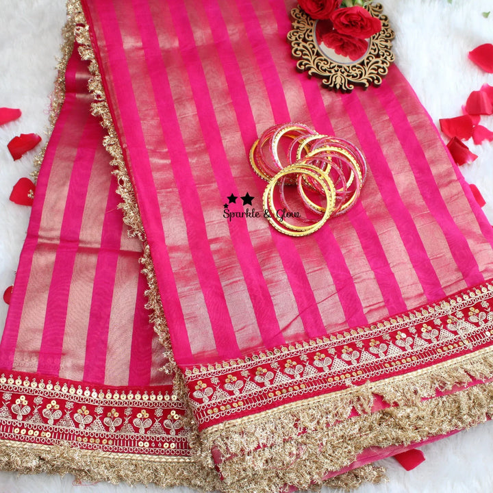 Beautiful Premium pink Banarasi Silk saree with embroidered border - Sparkle and Glow