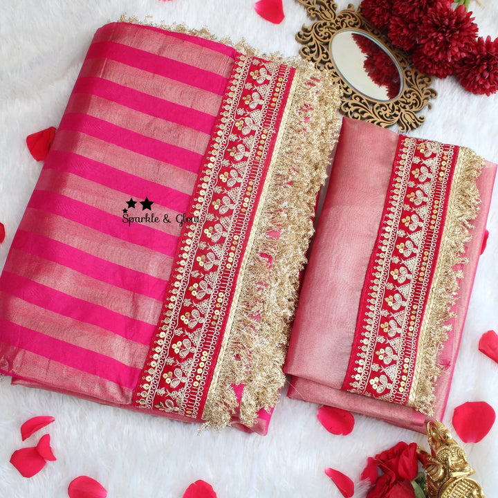 Beautiful Premium pink Banarasi Silk saree with embroidered border - Sparkle and Glow