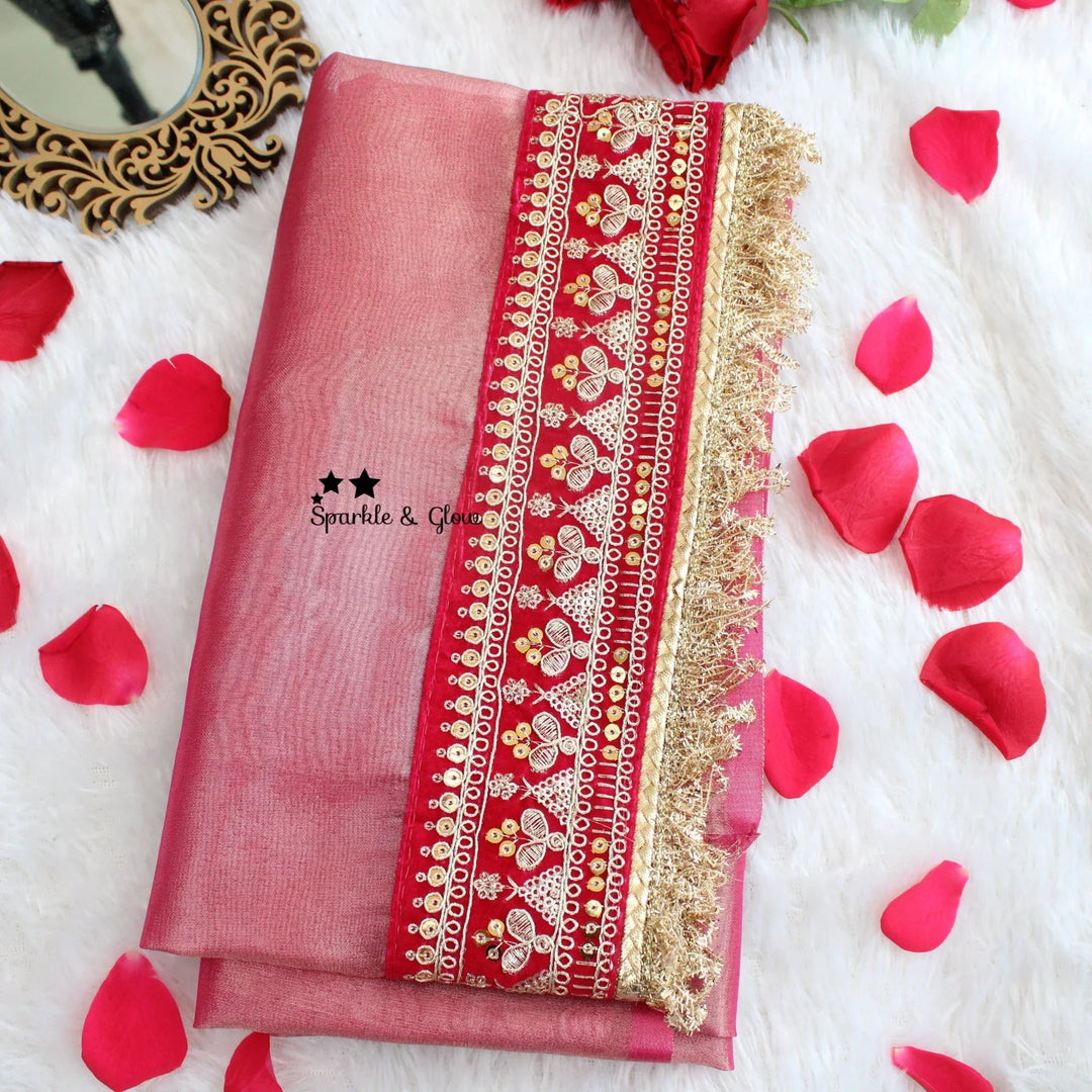 Beautiful Premium pink Banarasi Silk saree with embroidered border - Sparkle and Glow
