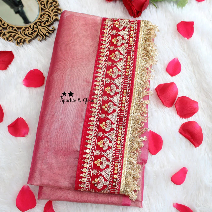 Beautiful Premium pink Banarasi Silk saree with embroidered border - Sparkle and Glow