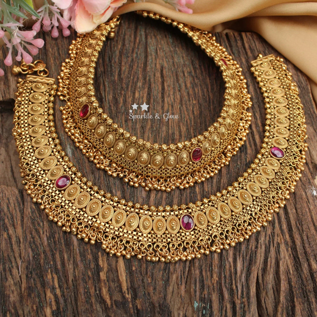 Antique Gold Anklet Set with Oval Motifs & Ruby Stones - Sparkle and Glow