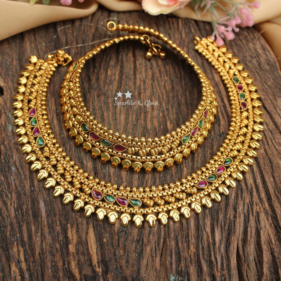 Antique Gold Anklet Set with Multicolor Tear Drop Stones - Sparkle and Glow