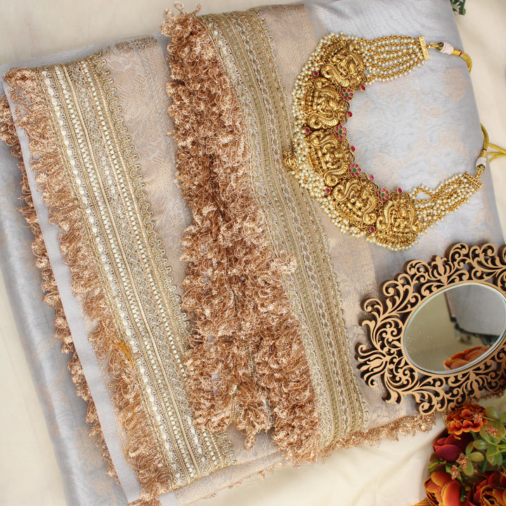 Elegant Grey Banarasi Saree with Golden Embellishments - Sparkle and Glow