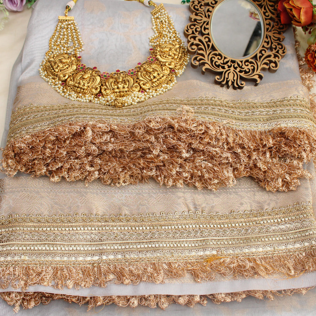 Elegant Grey Banarasi Saree with Golden Embellishments - Sparkle and Glow