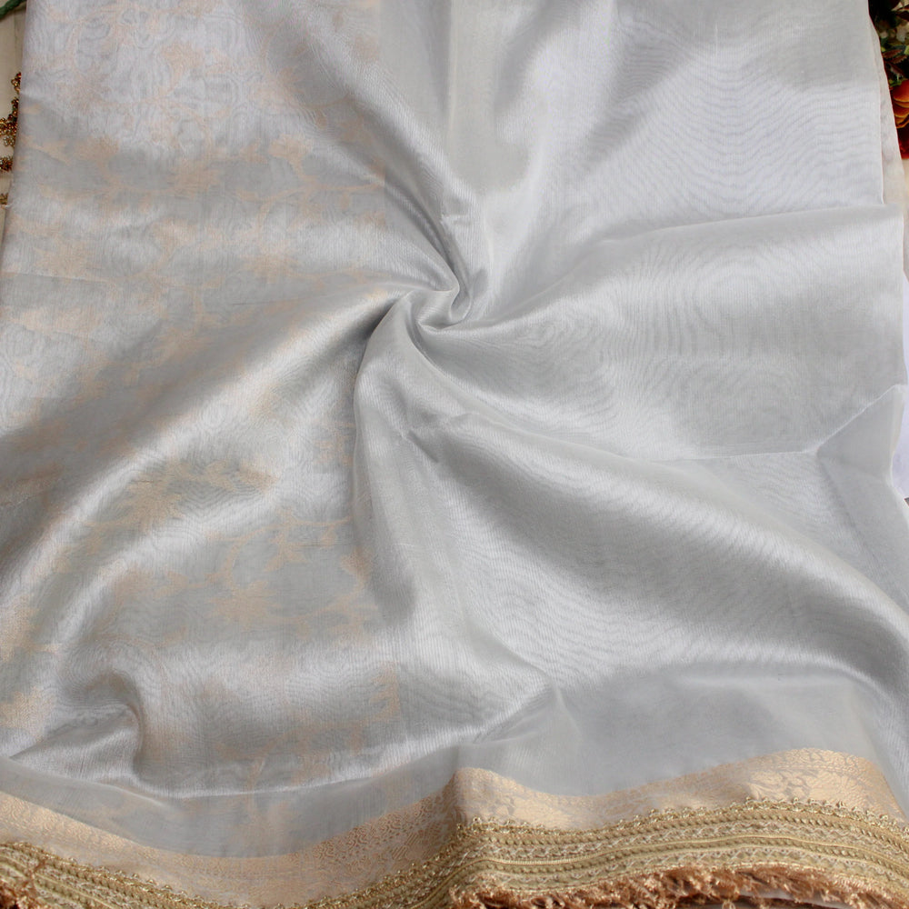 Elegant Grey Banarasi Saree with Golden Embellishments - Sparkle and Glow