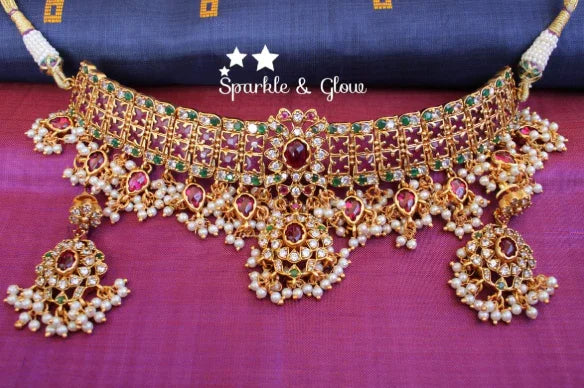 Premium Kemp Stones Guttapusalu Choker - Pink & Green