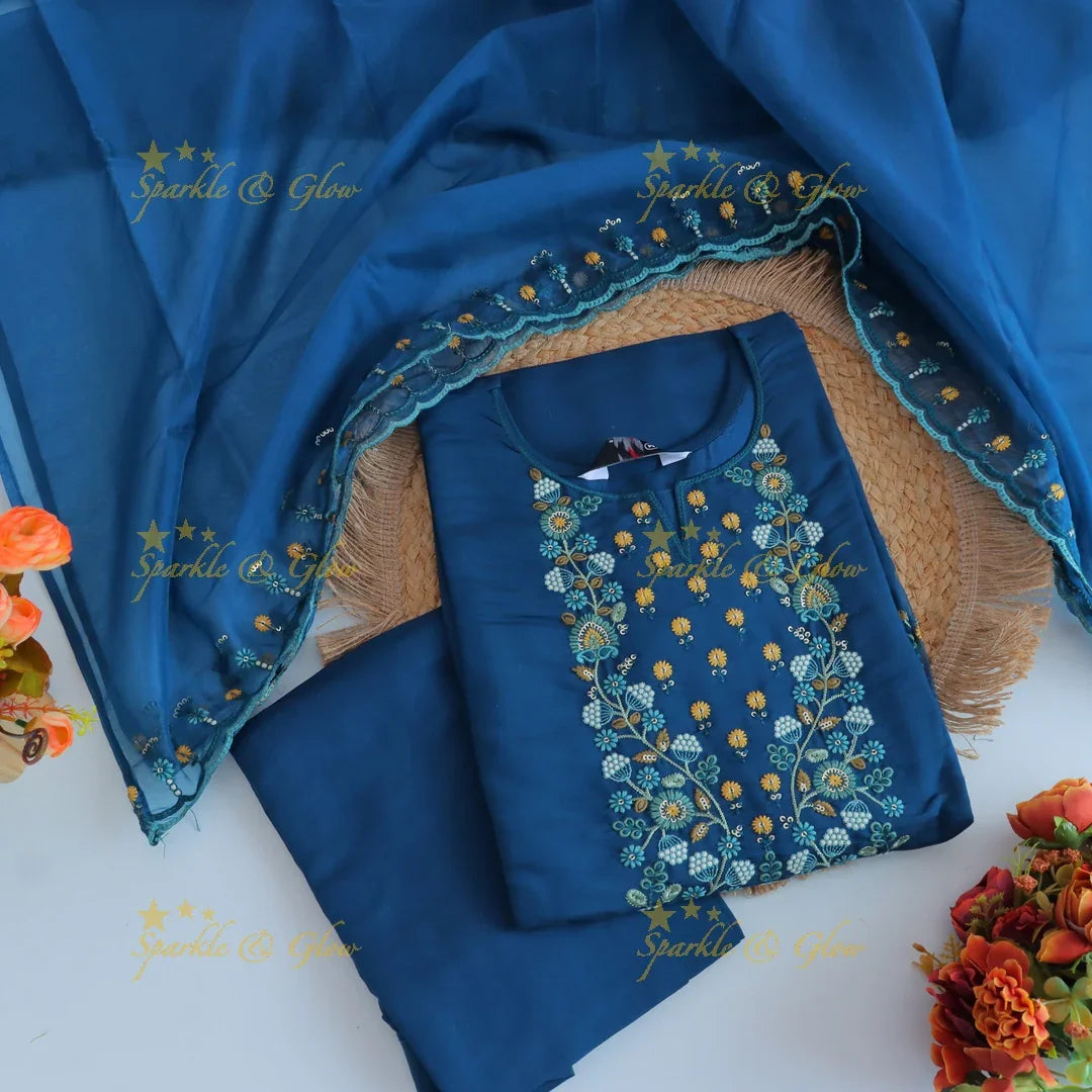 Beautiful Modal Silk Kurti pant with Organza Dupatta set- Blue - Sparkle and Glow