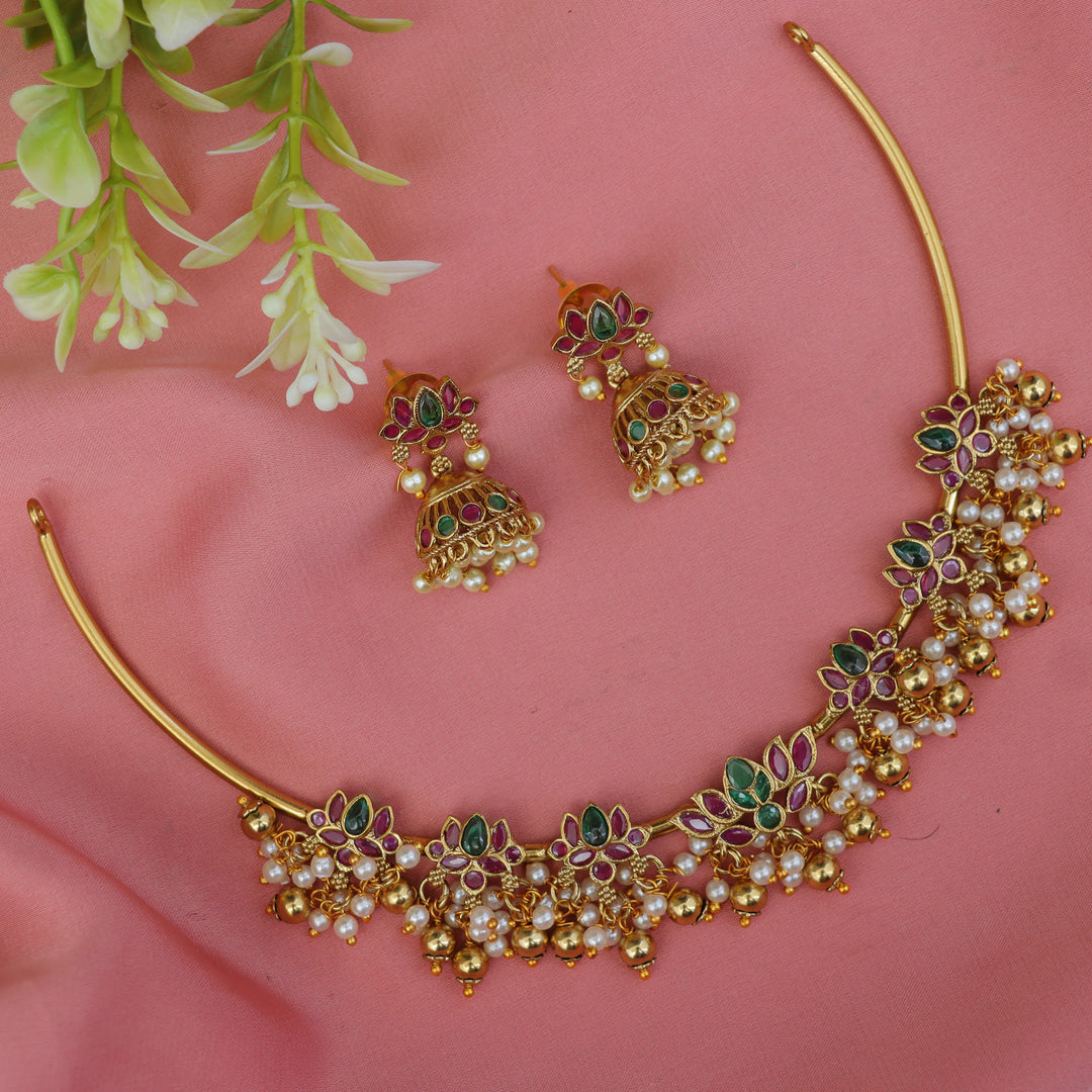 Multicolor Stone & Pearl Lotus Hasli Choker