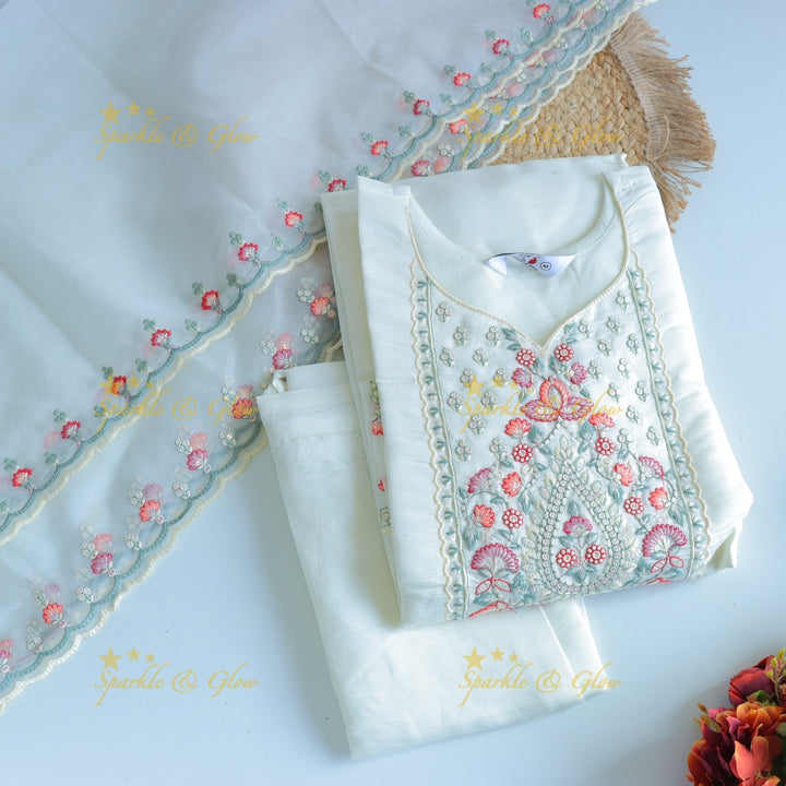 Beautiful Modal Silk Kurti pant with Organza Dupatta set- White