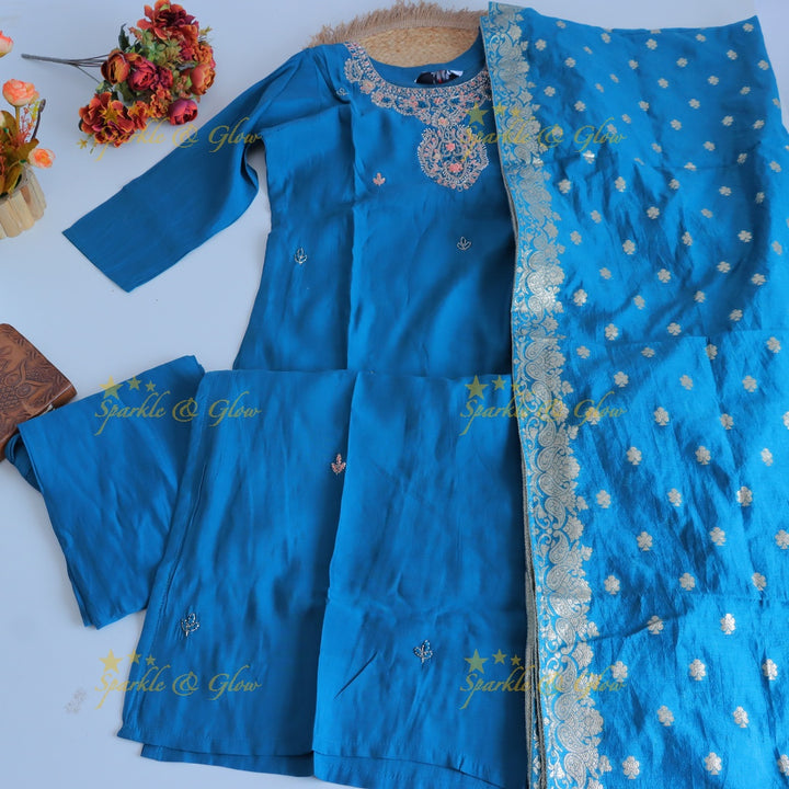 Gorgeous Roman Silk Kurti pant with Banarasi jacquard Dupatta set- Blue